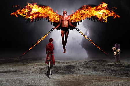burning demon and person holding sword 3D wallpaper thumbnail