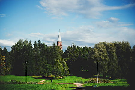 clouds, building, trees, countryside thumbnail
