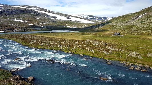 river on green hills during day thumbnail