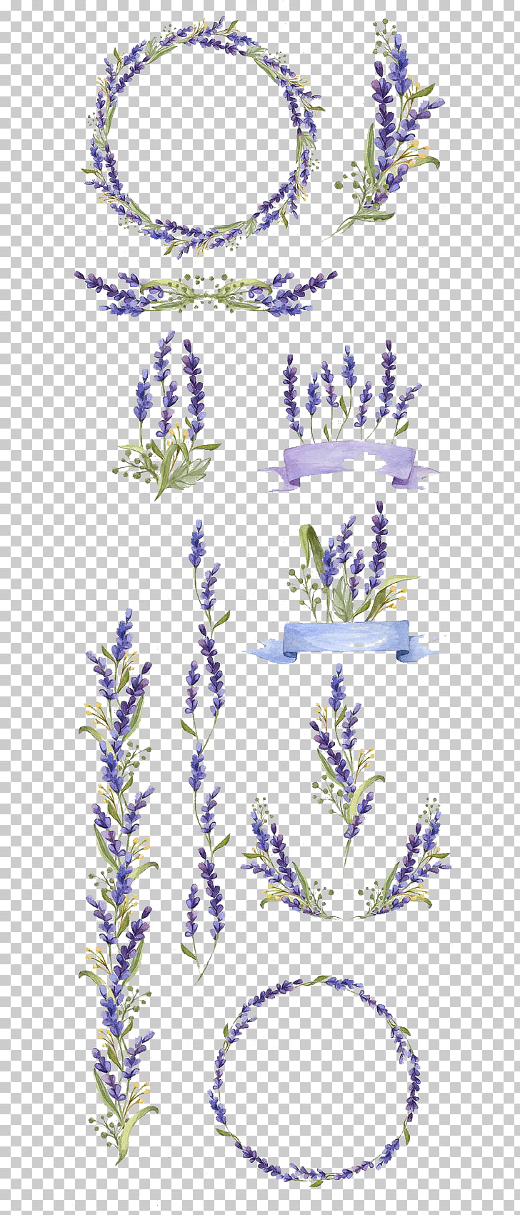Watercolor painting Flower Art Lavender, Hand-painted flowers, purple and green floral decor lot collage PNG clipart