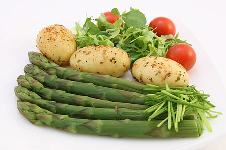 green asparagus, three potato, and three tomatoes thumbnail