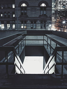 grayscale photography of rooftop stair thumbnail