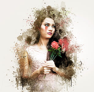 female wearing pink floral dress holding flowers artwork thumbnail
