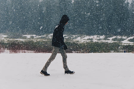 man in black hoodie walking on snow covered field thumbnail
