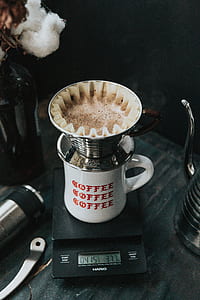 white and red coffee-printed ceramic mug on black Hario scale thumbnail