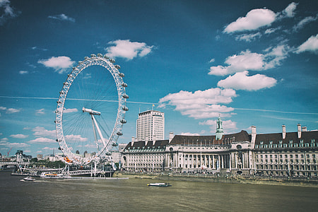 Wide angle shot of the London Eye sitting at the Southbank on the River Thames in London, England thumbnail
