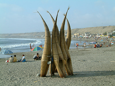 Fisherman Reed boats in Huanchaco, Peru thumbnail