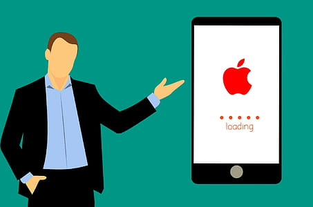 Illustration of apple iphone loading, with man illustration thumbnail