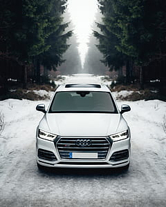 silver Audi car on snowy road near pine trees thumbnail