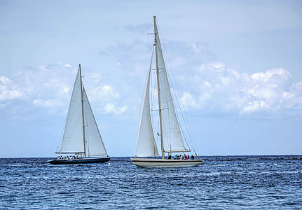 two white and black sailboats on bodies of water thumbnail