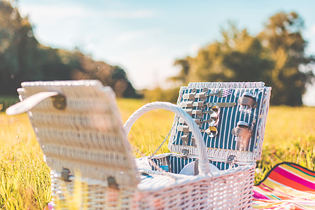 White Picnic Basket with Service on a Meadow thumbnail