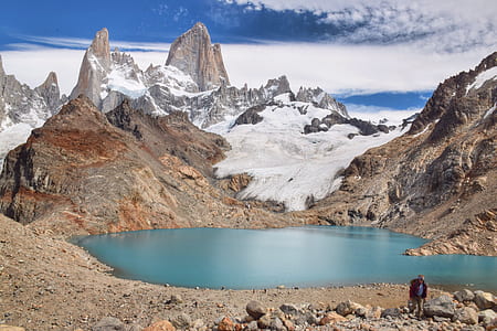 person standing near rock beside lake during daytime thumbnail