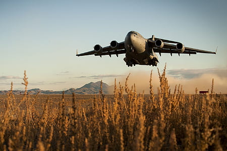 gray airplane flew above grass field at daytime thumbnail