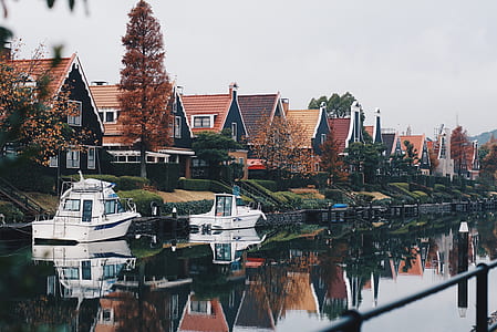 two white boats on body of water near houses thumbnail