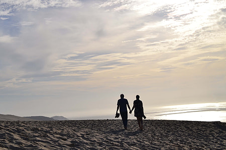 silhouette of couple holding hands while walking on seashore thumbnail