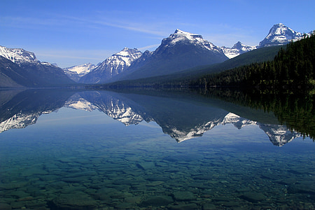 long-angle photography of trees and mountains under blue calm sky thumbnail