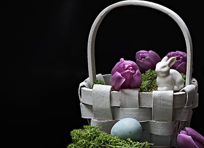white bunny figurine on basket Easter egg decor set thumbnail