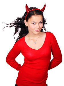 woman in red scoop-neck sweatshirt and devil Alice band thumbnail
