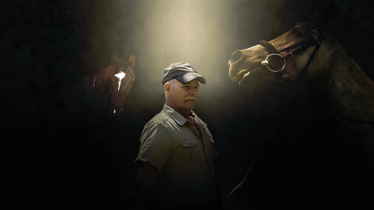 man between brown horses painting thumbnail