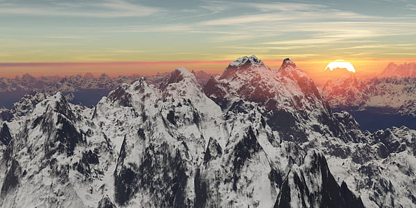 snow-covered mountains under sunset thumbnail