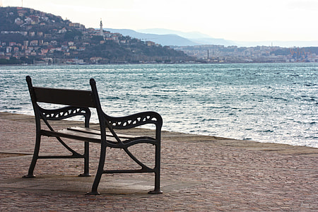 shallow focus photography of brown wooden bench in front of body of water during daytime thumbnail