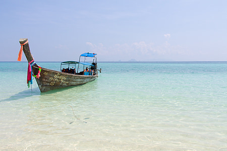 gray boat under blue sky thumbnail