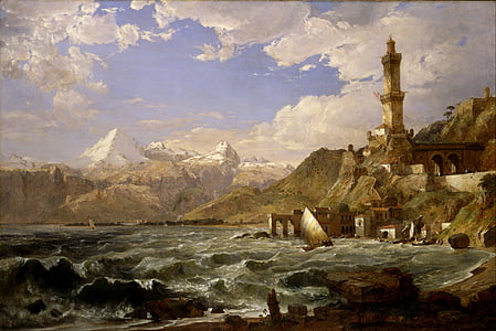 painting of castle near body of water and mountain thumbnail