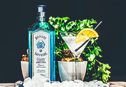photo of Bombay Sapphire labeled glass bottle near margarita glass thumbnail