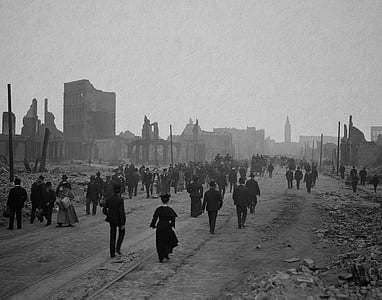 grayscale photo of people walking on roadway thumbnail