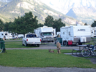 Waterton Town Campground with trailers and cars in Waterton Lakes National Park thumbnail