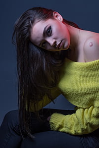woman wearing yellow off-shoulder sweater thumbnail
