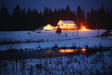 snow covered house under nighttime sky thumbnail