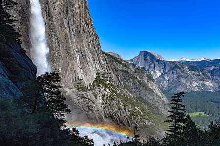 gray mountain with water falls under the blue sky at daytime thumbnail