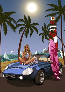 woman sitting on hood of car illustration thumbnail