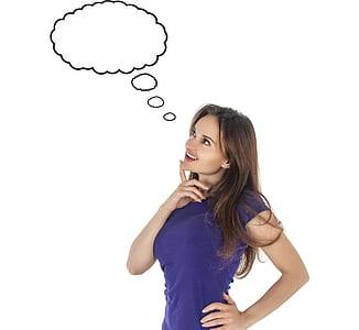 woman in purple crew-neck t-shirt with speech bubble thumbnail