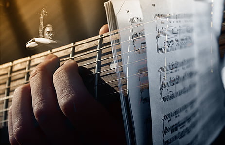 closeup photo of person playing guitar with musical notes thumbnail