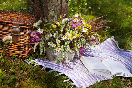 white chamomile flowers and yellow aster flowers in vase beside brown wicker picnic basket thumbnail