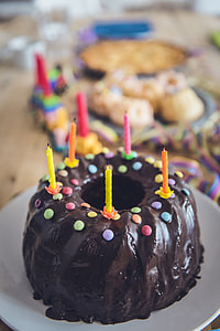 round cake with assorted-color candles on white ceramic plate thumbnail