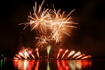 fireworks at night near body of water thumbnail