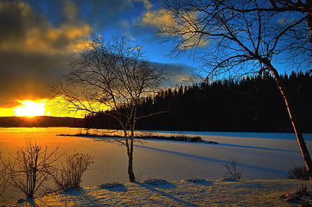 snow capped ground and frosted body of water during daytime thumbnail