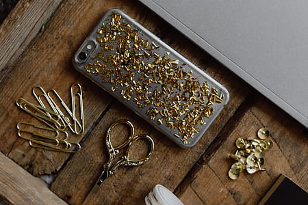Office accessories on an old wooden tray thumbnail