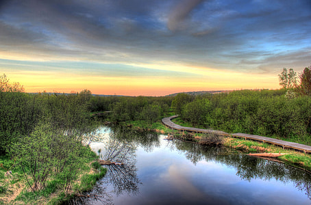 Sunset over the river boardwalk in the Upper Peninsula, Michigan thumbnail