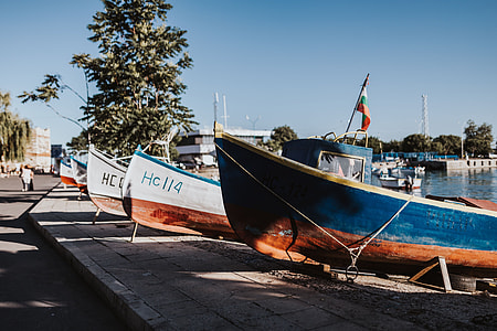 Fishing boats berthed in the marina of Old Town of Nessebar, Bulgaria thumbnail