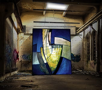 blue, white, and yellow abstract wall art thumbnail
