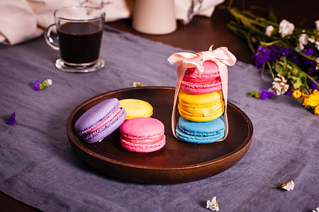 six macaroons served on plate thumbnail