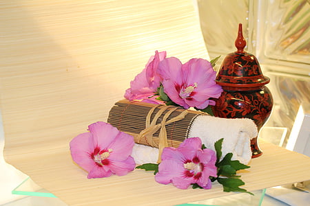 pink flowers near red vase thumbnail