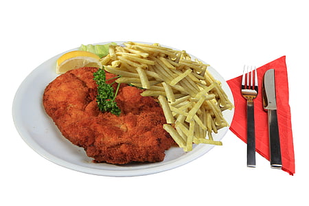 fried meat and fries on white plate thumbnail