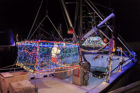 Christmas decorated fishing boat in Port de Grave, Newfoundland and Labrador, Canada thumbnail
