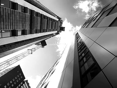 black-and-white, city, sky, clouds thumbnail