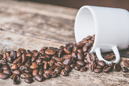 white ceramic mug and brown coffee beans on brown wooden board thumbnail